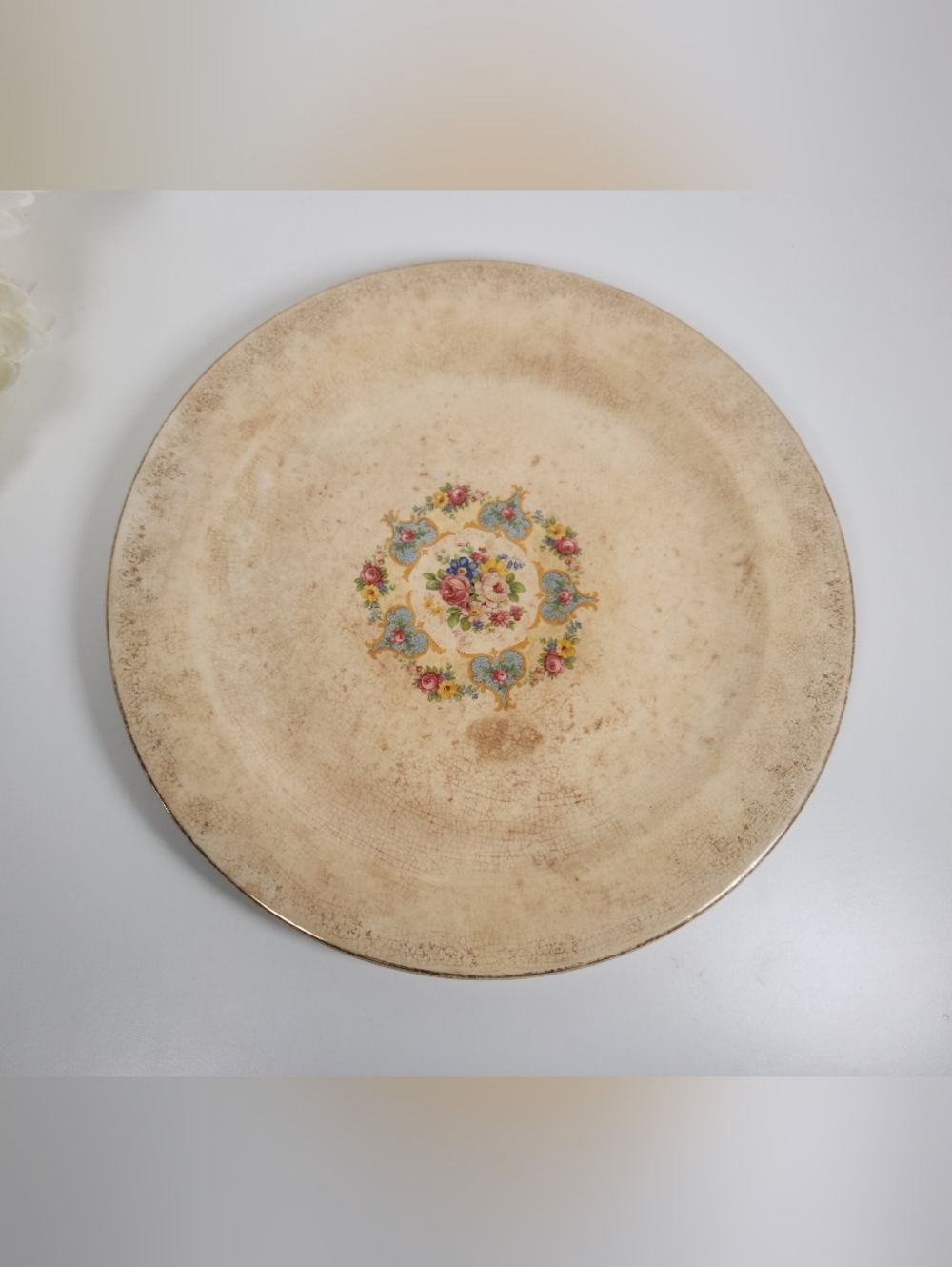 Large Heavily Crazed & Stained Circular Platter,  Floral Design 12"- Shabby Chic